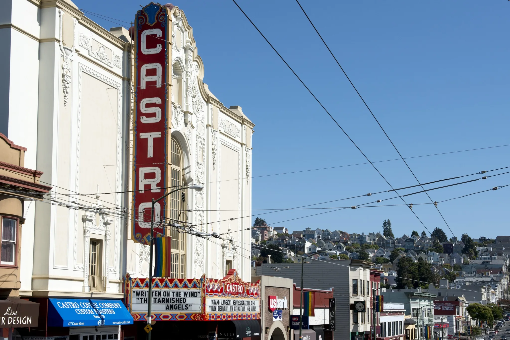 The Castro Theatre marquee and rainbow flags on Castro Street, San Francisco, in 2012