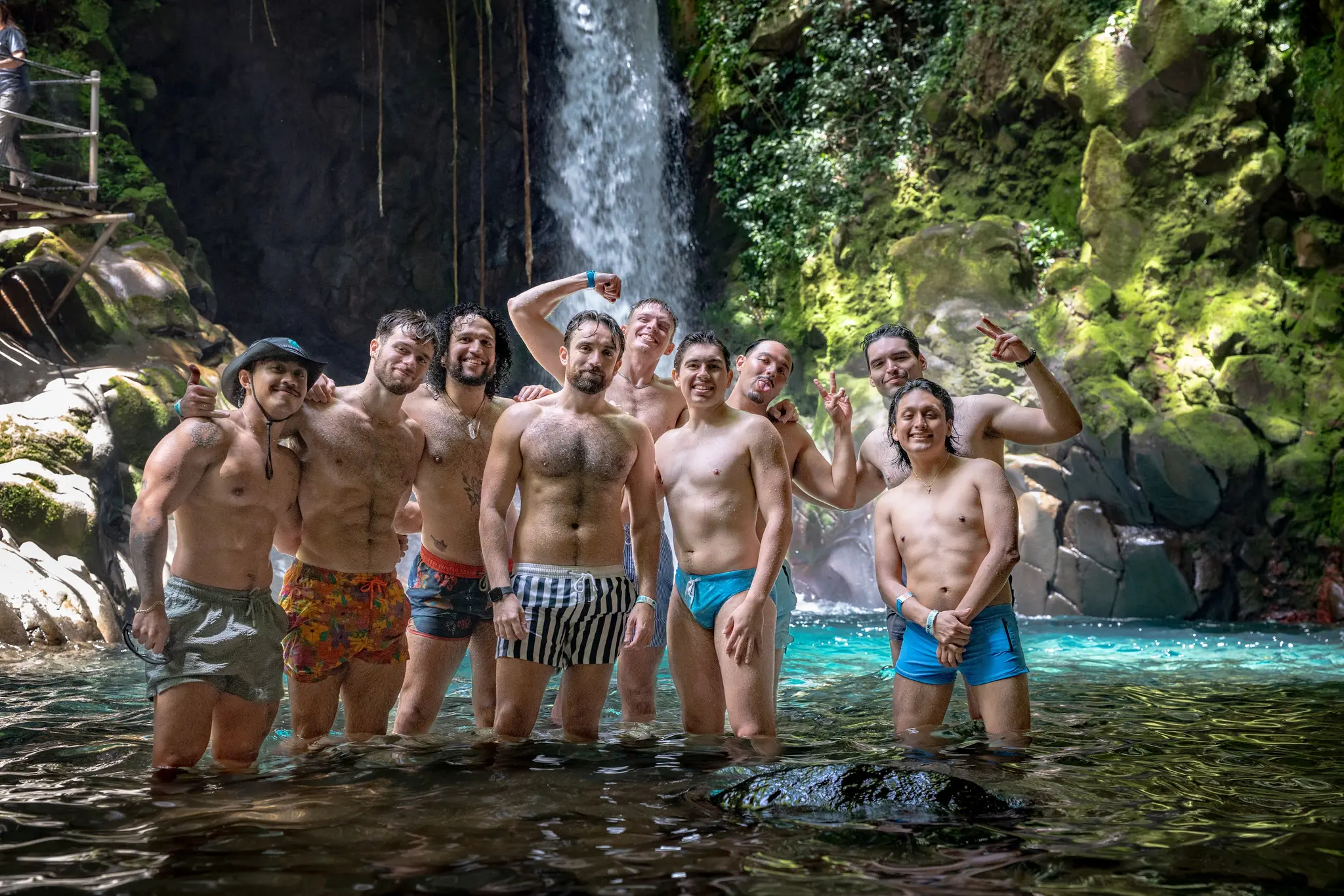 Lined up under the falls