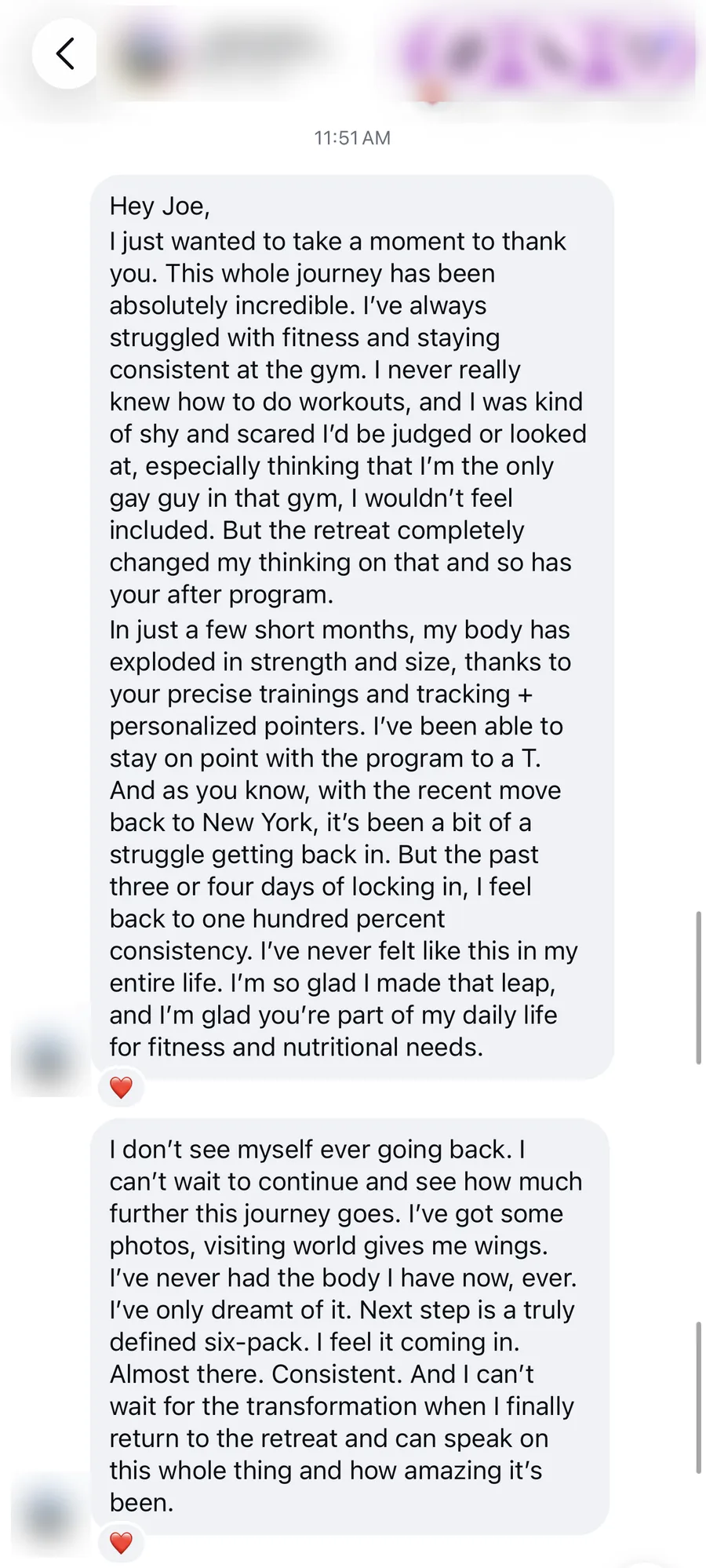 Instagram DM from a retreater about how the retreat and the after program changed his body and his confidence in the gym
