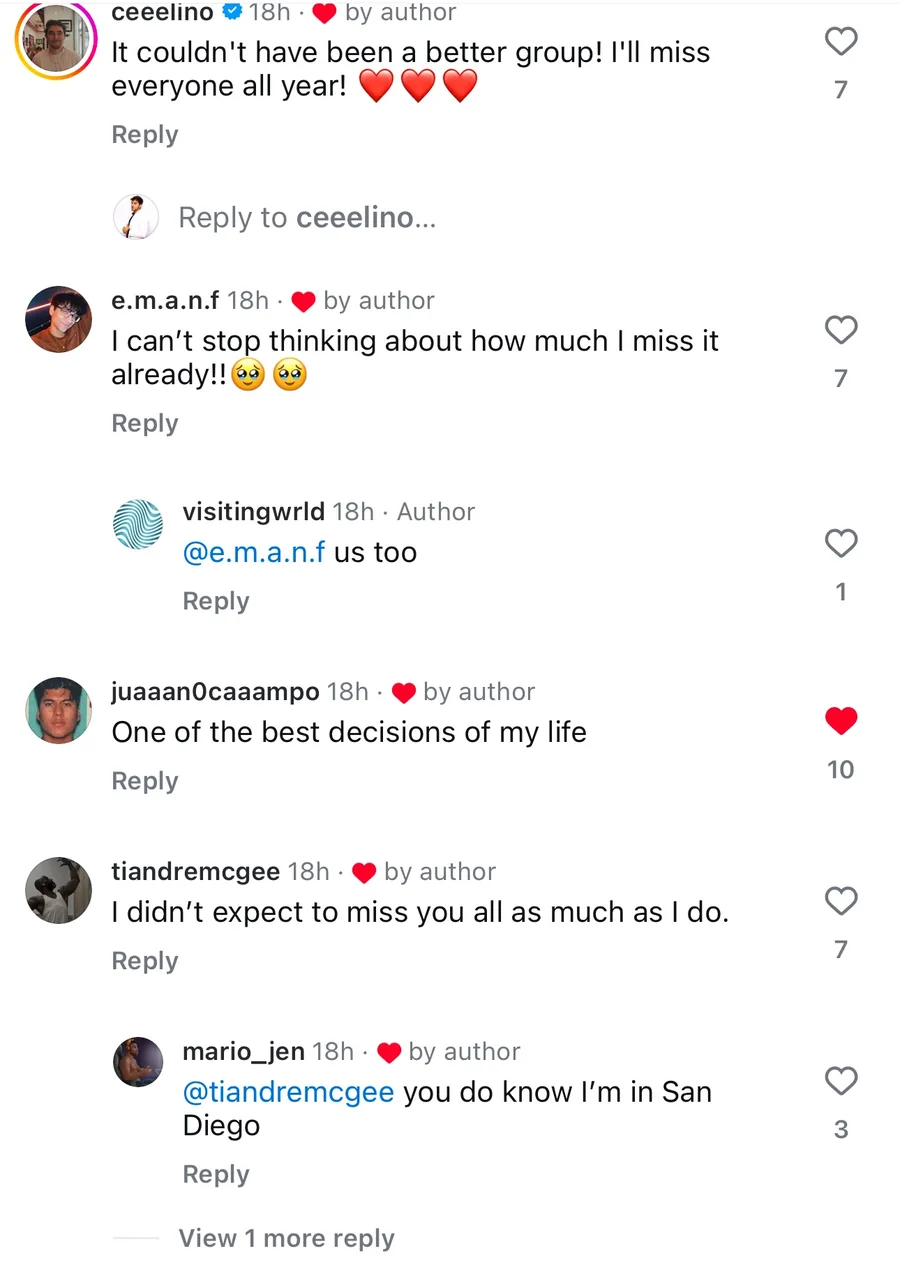 Instagram comments from retreaters about the group