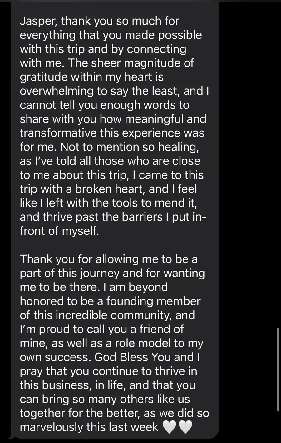 Long heartfelt text from a retreater after the trip