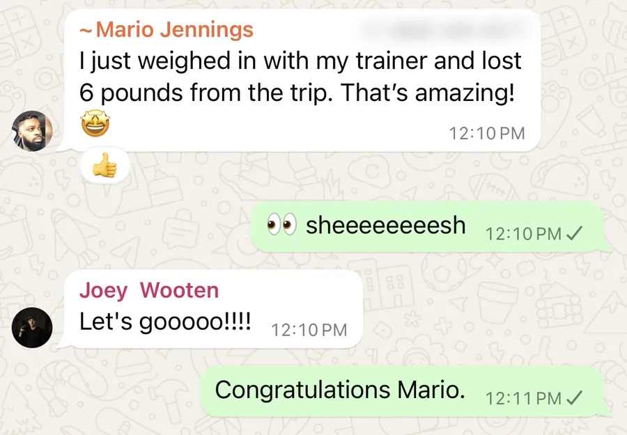 Text from a retreater who lost six pounds on the trip