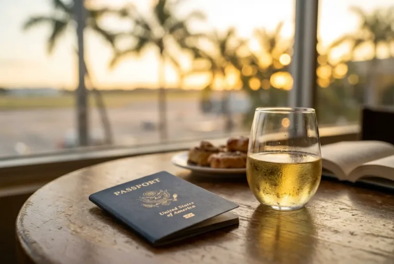 US passport and a glass of wine in an airport lounge at golden hour